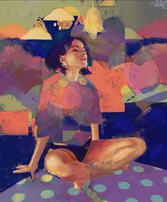 a painting of a woman sitting in the middle of a room with polka dots on the floor