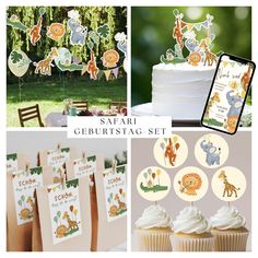 safari baby shower party decorations and desserts including cupcakes, cake toppers