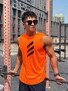 Crew Neck Men's Pullover Sports & Fitness Tank Top - Men's Fitness Apparel, Men's Workout Tank Tops | Vivinch Casual Dri-fit Activewear For Workout, Orange Crew Neck Sports Top, Orange Sleeveless Activewear For Gym, Orange Sleeveless Gym Activewear, Orange Sleeveless Top For Athleisure, Orange Sleeveless Athleisure Top, Sleeveless Orange Sports Top, Orange Activewear For Sports, Orange Breathable Activewear For Running