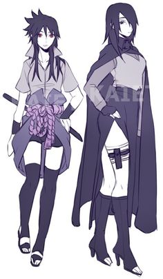 two anime characters standing next to each other in front of a white background with black and purple colors