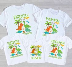 Adorable Dinosaur Birthday T-shirt personalized with the Birthday Kid's Name & Age!  Get shirts for the whole family! Simply personalize each shirt to read mom, dad, grandma, grandpa, auntie, etc etc! Endless options. **Price includes ONE shirt. Add as many as you need True to size unisex fit! Super soft and comfy for sensitive little skin! White T-shirt With Dinosaur Print For Birthday, Birthday Dinosaur Print Short Sleeve T-shirt, Birthday T-shirt With Dinosaur Print, Dinosaur Print Short Sleeve T-shirt For Birthday, First Birthday T-shirt With Dinosaur Print, Birthday Dinosaur Print Short Sleeve Top, Dinosaur Print Short Sleeve T-shirt For First Birthday, Dinosaur Print Short Sleeve Top For Birthday, Crew Neck T-shirt With Dinosaur Print For First Birthday