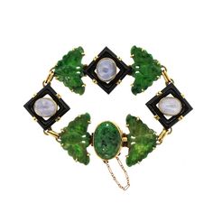 Midcentury Jade Onyx Sapphire 18 Karat Gold Link Bracelet | From a unique collection of vintage Modern Bracelets at https://www.1stdibs.com/jewelry/bracelets/modern-bracelets/. Mid-century Cabochon Jewelry For Formal Occasions, Art Deco Jade Jewelry For Formal Occasions, Formal Art Deco Jade Jewelry, Mid-century Green Collectible Jewelry, Mid-century Green Formal Jewelry, Jade Butterfly, Light Blue Sapphire, Modern Bracelets, Gold Link Bracelet