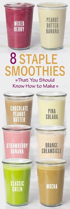 six different types of smoothie cups with the words 8 simple smoothies on them