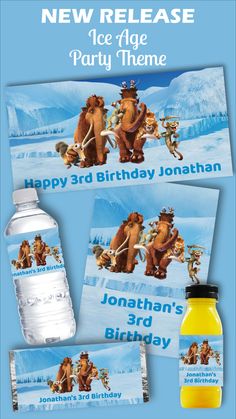 an ice age birthday party theme with water bottle labels