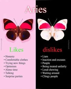 two different types of butterflies with the words ariies and dislikes on them