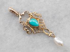 Art Nouveau Turquoise and Pearl Lavalier Pendant