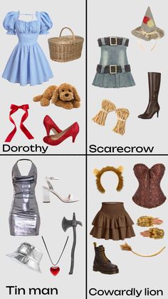 four different types of clothes and shoes are shown in this graphic above the words, doritos scarecrow