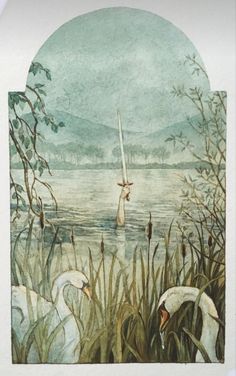 a watercolor painting of swans and a person in the distance with an umbrella over their head