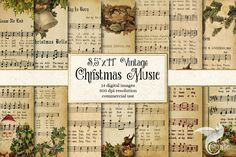 christmas music digital papers with sheet music and holly wreaths, bells, santa claus's sleigh