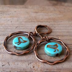 Bird Earrings - Boho Copper Jewelry - Turquoise Baby Chick Earrings - Hypoallergenic Titanium Earrin Rustic Turquoise Nickel Free Earrings, Unique Hypoallergenic Copper Jewelry, Rustic Turquoise Earrings For Gift, Hypoallergenic Copper Jewelry, Bohemian Turquoise Earrings With Tiny Beads, Rustic Nickel-free Blue Jewelry, Turquoise Round Copper Earrings, Bohemian Blue Copper Earrings, Red Earrings Dangle