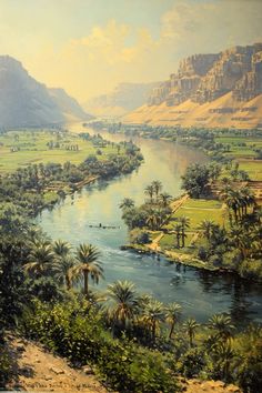 an oil painting of a river surrounded by palm trees and mountain range in the background