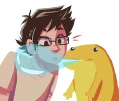 a boy with glasses and a scarf kissing a yellow bird in front of his face