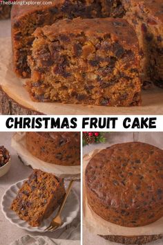 christmas fruit cake is cut into slices and placed on a plate with the rest of the cake ready to be eaten