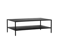 a black coffee table sitting on top of a white wall next to a shelf with two shelves underneath it