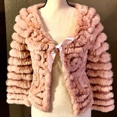 Dusty Rose Rabbit Fur Knitted Jacket With A Pink Ribbon . Worn Only A Couple Times. In Excellent Condition. Firm In The Price. Elegant Pink Winter Cardigan, Pink Fur Jacket, Pink Fur Coat, Rabbit Fur Coat, Knitted Jacket, Pink Fur, Pretty Shoes, Rabbit Fur, Knit Jacket