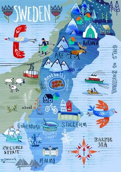 an illustrated map of sweden with all the major cities and towns in blue, green, red