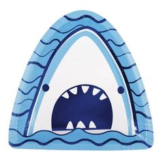 a blue and white paper plate with a shark's mouth