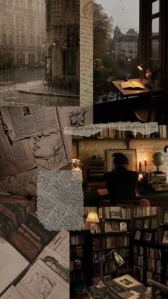 a collage of photos with books and papers