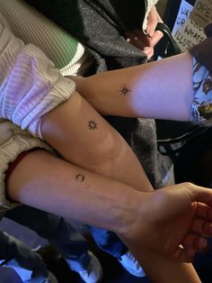 sun moon and stars Matching Tattoos For A Trio, 3 Way Friendship Tattoos, Sun Moon And Stars Sister Tattoo, Matching Tattoos For Trio Best Friends, Minimalist Trio Tattoo, Simple Friendship Tattoos For 3, Matching Tattoos For Three Friends, Simple Matching Tattoos For 3, Matching Tats For 3 Friends