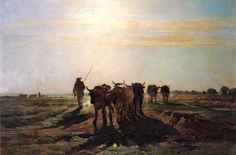 a painting of a man leading cattle down a dirt road