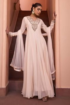 White anarkali with marodi, dori, sequin, mirror embroidered yoke. Paired with dupatta. - Aza Fashions Ivory Anarkali, Anarkali Georgette, Isha Gupta, White Anarkali, Georgette Anarkali, Indian Wedding Wear, Anarkali Gown, Guest Attire, Elegant Drapes