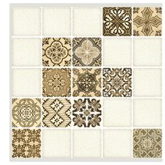 an assortment of decorative tiles in brown and white