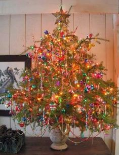 a small christmas tree is lit up with multicolored lights