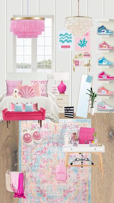 a room filled with lots of pink furniture and decor on top of a wooden floor