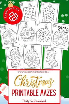 christmas printable mazes for kids with santa claus and snowflakes in the background