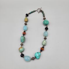 Czech Glass Jewelry, Southwestern Boho, Necklace Stone, Turquoise Color, Metal Beads, Stone Necklace, Blue Glass, Antique Bronze, Vintage Necklace