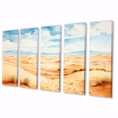 three paintings of desert landscape with clouds in the sky and sand dunes on either side