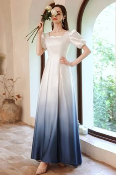 Normal Gowns Design, Satin Full Sleeve Gown, Gaun Satin Dresses, Model Dress Bridesmaid, Baju Bridesmaids, Prom Dress With Pearls, Satin Gown Designs, Blue Long Prom Dress, Dress With Pearls