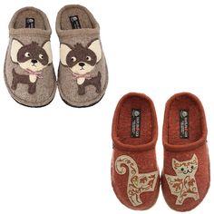 two pairs of slippers with an animal on the front and side, one in red