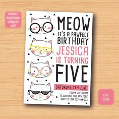 a birthday party card with cats and glasses on it, including the words meow its a perfect birthday