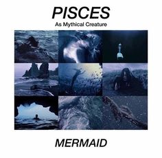 the cover art for pisces as mythical creature, featuring images of people swimming in water