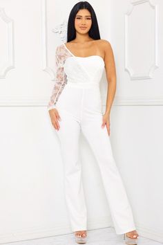 Elevate your elegance with our White Lace Beaded Jumpsuit, a remarkable piece that's perfect for any special occasion. This one-shoulder jumpsuit features intricate beading and stunning lace detailing, making it an ideal choice for weddings and events where you want to be a showstopper. Crafted for both style and comfort, our White Lace Beaded Jumpsuit is designed with a transparent long sleeve and a back zipper for ease of wear. The 95% polyester and 5% spandex composition ensures a flattering Beaded Jumpsuit, Intricate Beading, Jumpsuit Blue, One Shoulder Jumpsuit, Beaded Lace, Blue Crystals, Bell Bottoms, White Lace, Beading