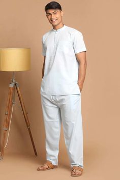 MEN'S WHITE COTTON KURTA WITH PAJAMA Half Kurta For Men, Eid Kurta, Pathani Suit, Mop Buttons, Thigh Sleeve, Men Attire, Cool Chest Tattoos, Long Kurta, Kurta For Men