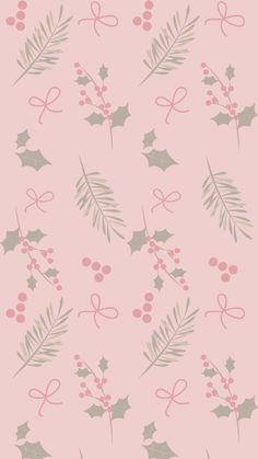 a pink wallpaper with holly and berries on it