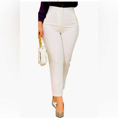 Womens Stretchy High Waisted Pants Trendy Pleated Business Work Trousers Straight Leg Dress Pant Spring Stretch Bottoms For Office, High Waist Spring Bottoms For Office, White Stretch Ankle-length Dress Pants, White Stretch Pants For Office, Fitted High-waisted Pants For Office, White Long Pants For Business Casual, Chic White Tapered Leg Bottoms, Business Casual White Long Pants, Chic White Pants For Office Wear