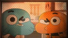 two cartoon characters standing behind a chain link fence in front of a window with their faces drawn on