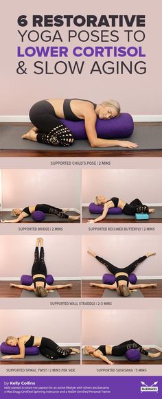 a woman is doing yoga poses on her stomach and back with the words, 6 restorative yoga poses to lower cortisol & slow aging