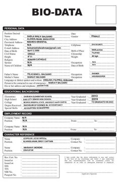 a black and white document with the words bio data