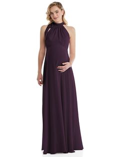 Scarf Tie High Neck Halter Chiffon Maternity Bridesmaid Dress | The Dessy Group Elegant Flowy Maternity Dress, Elegant Flowy Maternity Dress For Party, Chic Flowy Maternity Dress, Elegant Chiffon Maternity Dress For Wedding, Chiffon Maternity Dress For Wedding, Elegant Maternity Maxi Dress, Elegant Sleeveless Maternity Dress For Wedding, Elegant Sleeveless Maternity Bridesmaid Dress, Chiffon Maternity Maxi Dress