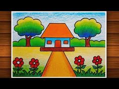 a drawing of a house in the middle of a field with trees and flowers on it