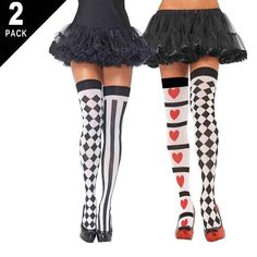 Queen Of Heart And Harlequin Print Stockings 2-Pack Women's Os Costume Thigh Highs Women's Costume Accessory Hosiery One Size Black Hair Halloween Costumes, Ugly Socks, Harlequin Print, Queen Of Heart, Texture Socks, Thigh High Stocking, Queen Of Hearts Costume, Hair Halloween, Red Black Style