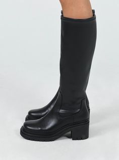 Knee-high boots Princess Polly Lower Impact Upper & insole: 100% Waterbased PU Lining:100% Fabric Outsole: 100% Rubber Faux leather material Zip fastening at side Rounded toe Treaded sole Padded footbed Heel height: 7cm / 2.7in Womens Knee High Boots Outfit, Tall Black Boots Outfit Going Out, Black Tall Boots Outfit, Black Boot Outfit, Black Fall Boots, Going Out Boots, Knee High Boots Low Heel, Long Boots Outfit Winter, Black Boots Platform