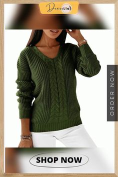 Fashionable and Minimalist General Sweater Twist Top, Cowl Neck Long Sleeve, Knit Fashion, Look Casual, Green Sweater, Look Chic, V Neck Tops, Knitted Pullover, Chunky Knit