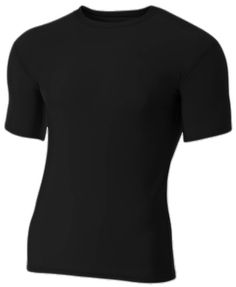 a black t - shirt with short sleeves and no buttons on the chest, is shown