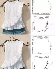 sewing pattern for a top with ruffles on the shoulders and bottom, as well as measurements