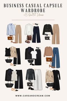 Discover the essentials for a chic business casual capsule wardrobe with this post. Filled with 15+ business casual outfits for work, the blog highlights key pieces for an impressive corporate look. Learn how to mix business casual workwear capsule pieces to create fashionable women's workwear outfits, proving office capsule wardrobes can be sophisticated and trendy. Business Casual Women Capsule Wardrobe, Smart Casual Corporate Women, Outfit Guide What To Wear, Basics For Work Outfits, Capsule Wardrobe Corporate Office, Smart Casual Outfit Office, Black Blazer Capsule Wardrobe, Paris Business Casual, Workwear Capsule Wardrobe 2024